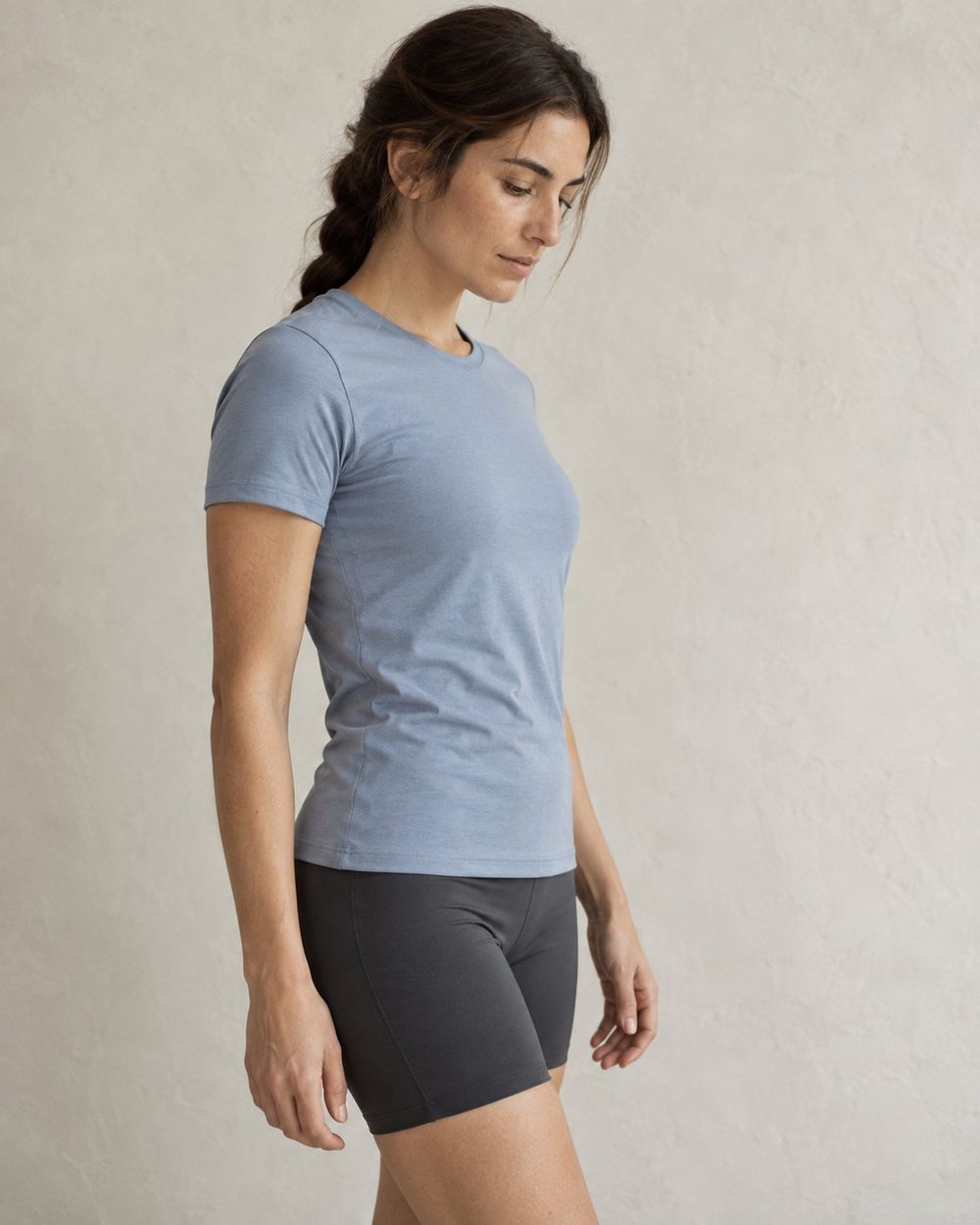 Blue fitted tee with bike shorts