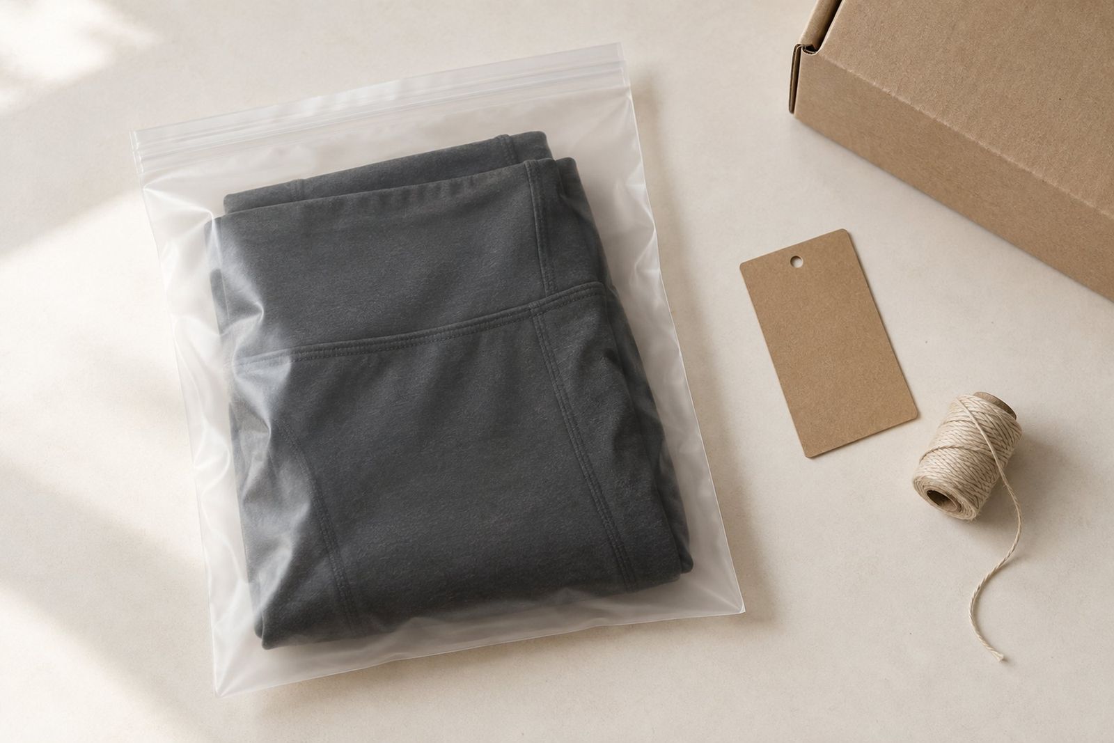 Folded leggings in a frosted polybag with a blank hangtag