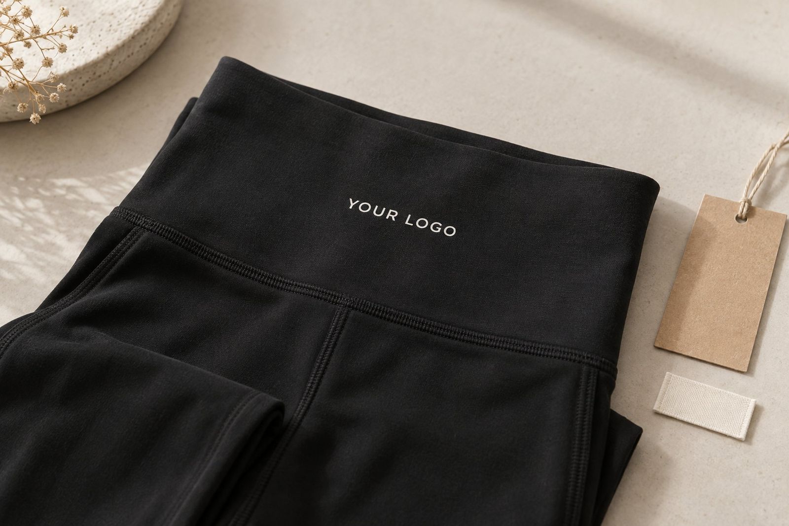 Leggings waistband with a sample printed logo and a blank kraft hangtag